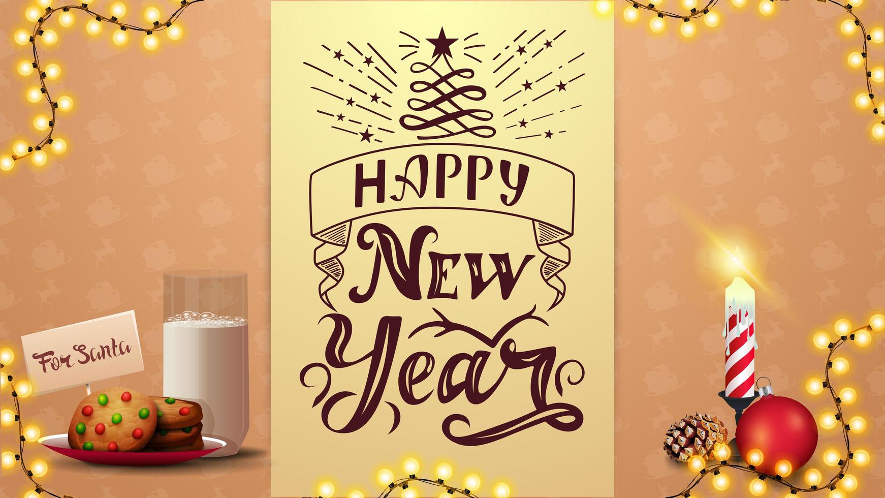 Feliz año nuevo, postal beige con hermosas letras, guirnalda, cinta vertical y galletas con un vaso de leche para santa claus vector