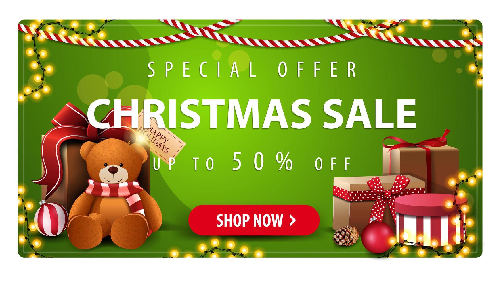 Special offer, Christmas sale, up to 50 off, horizontal green banner with button, garlands and presents with Teddy bear vector