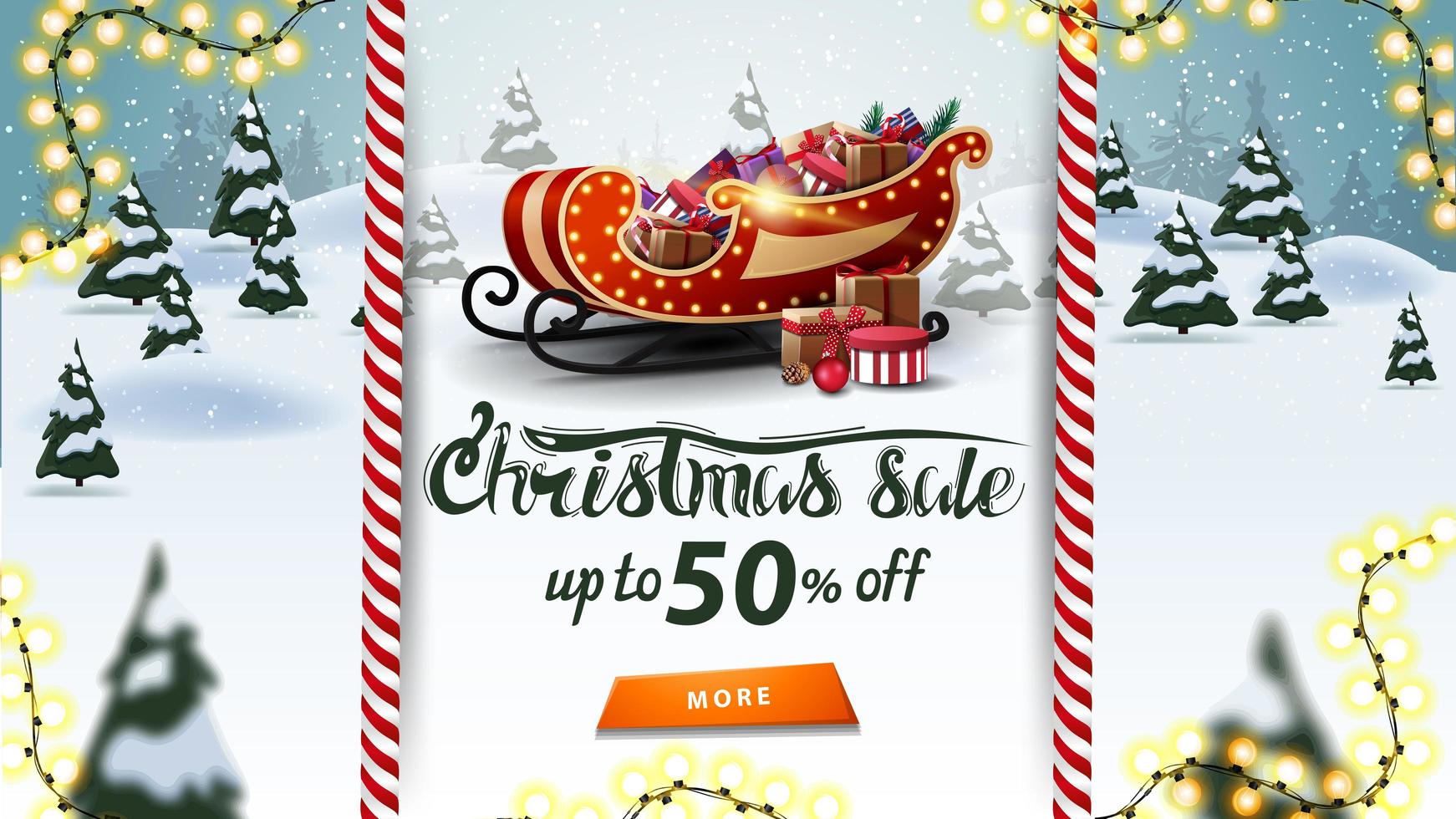 Christmas sale, up to 50 off, beautiful discount banner with Santa Sleigh with presents and cartoon winter landscape on background vector