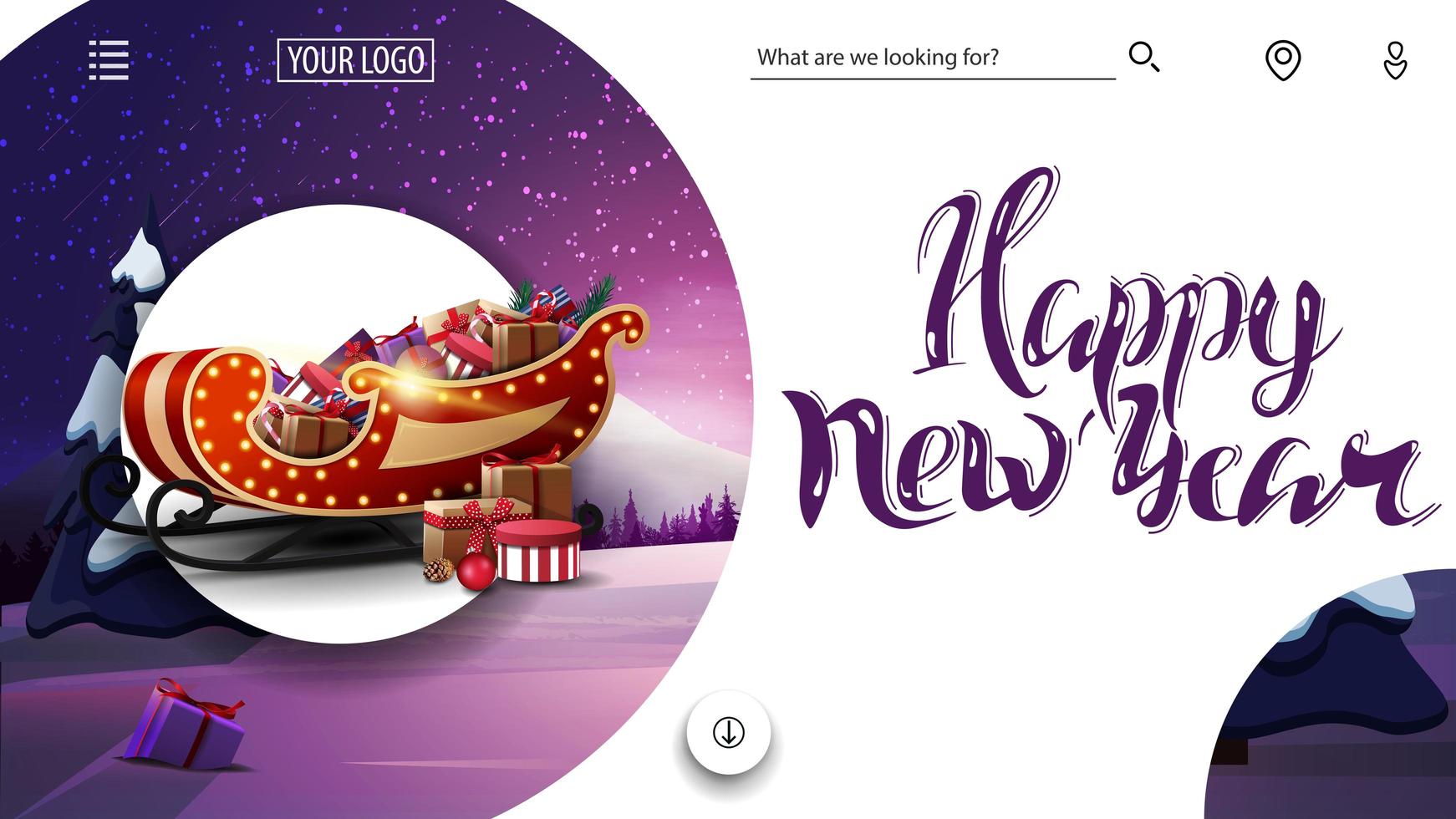 Happy New Year, pink and white greeting card for website with winter landscape and Santa Sleigh with presents vector