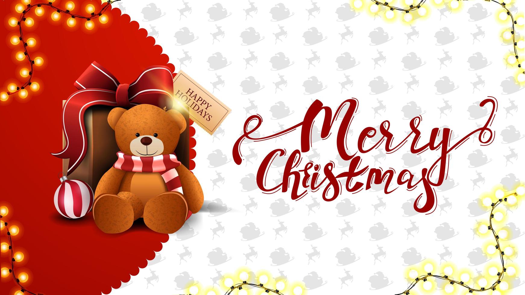 feliz navidad, tarjeta de felicitación roja y blanca con guirnalda y regalo con osito de peluche vector