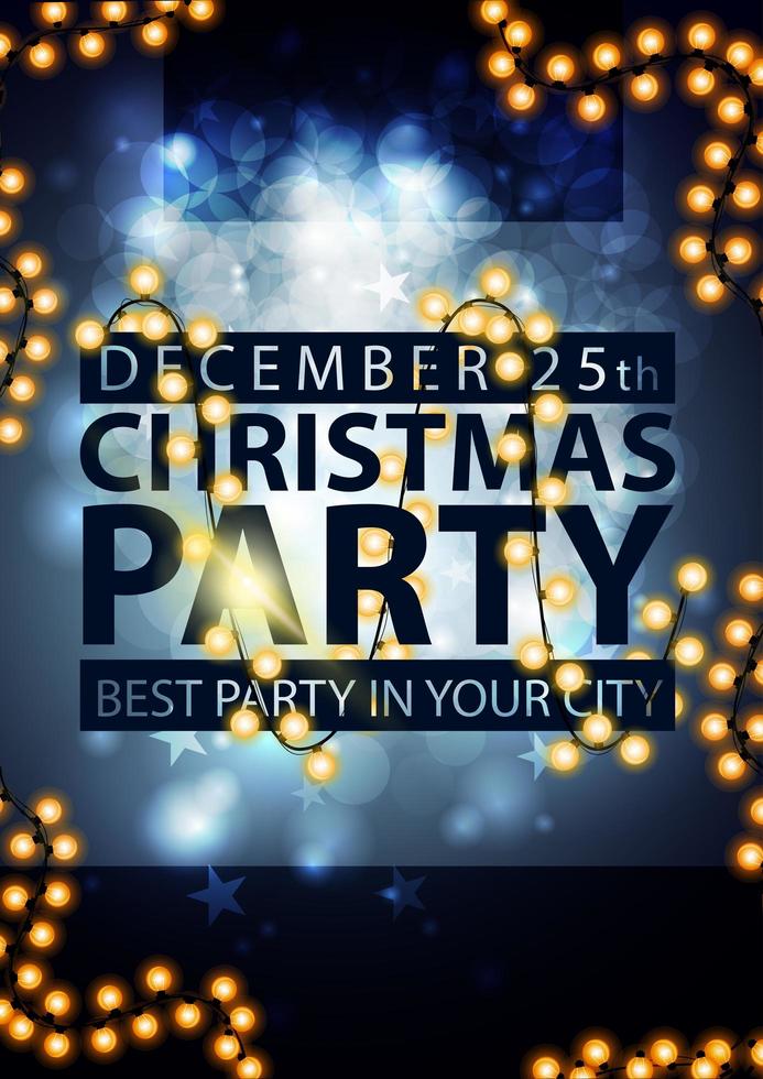 Christmas party, best party in your city, blue poster with blurred background and garland vector