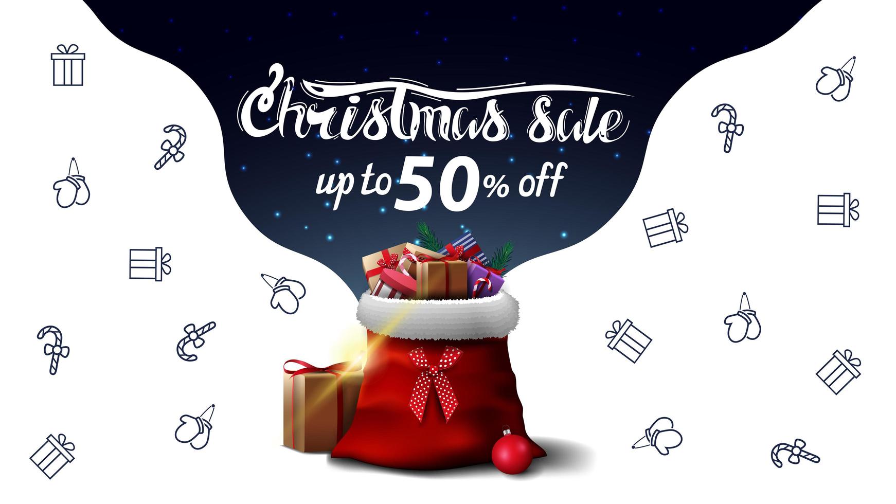 venta de navidad, hasta 50 de descuento, hermoso banner de descuento blanco y azul con bolsa de santa claus con regalos e iconos de líneas navideñas, imaginación espacial vector