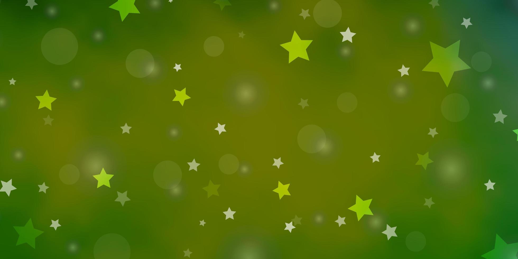 textura de vector verde claro con círculos, estrellas.