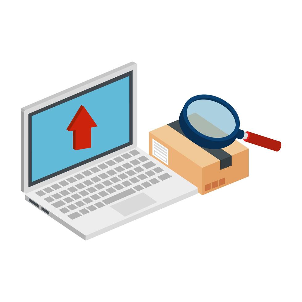 laptop with box package and magnifying glass vector