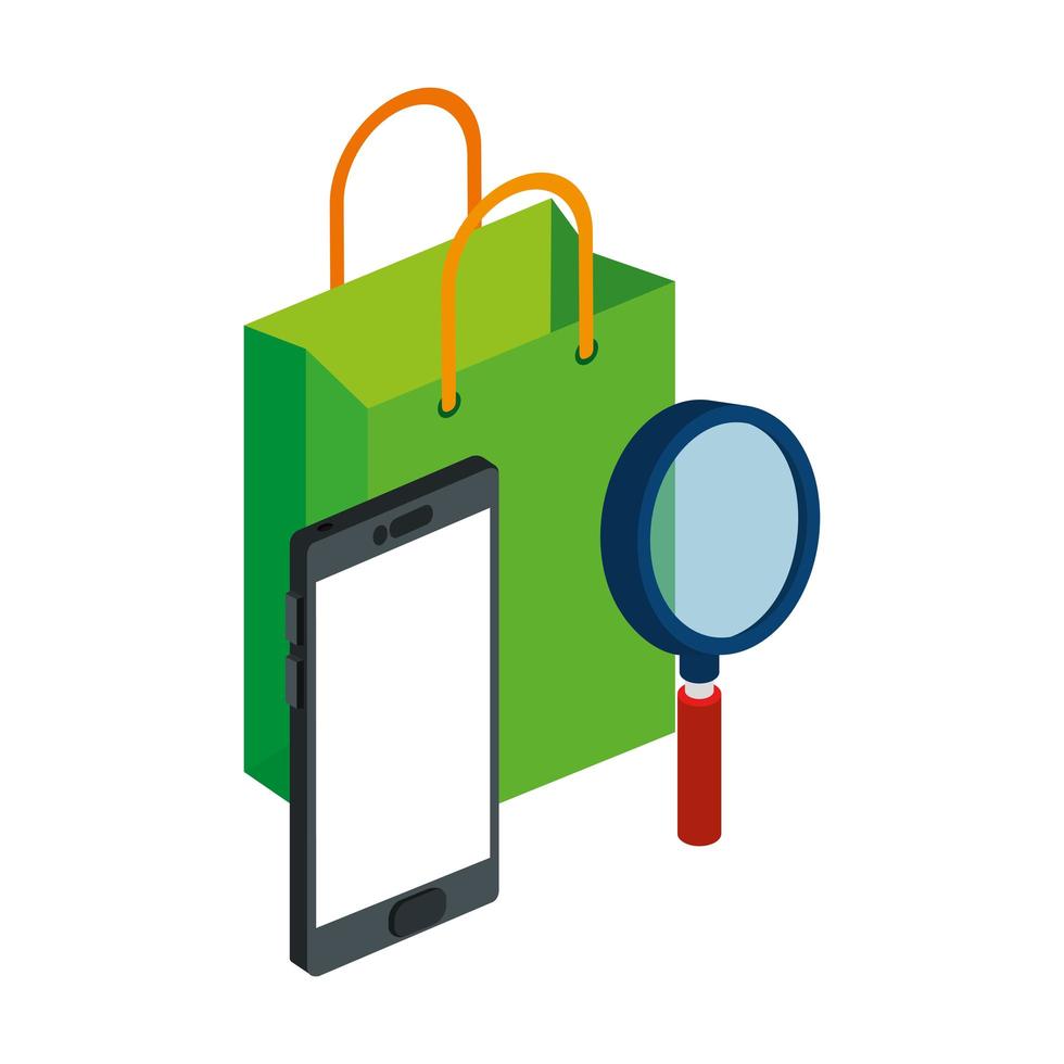smartphone with bag shopping and magnifying glass vector