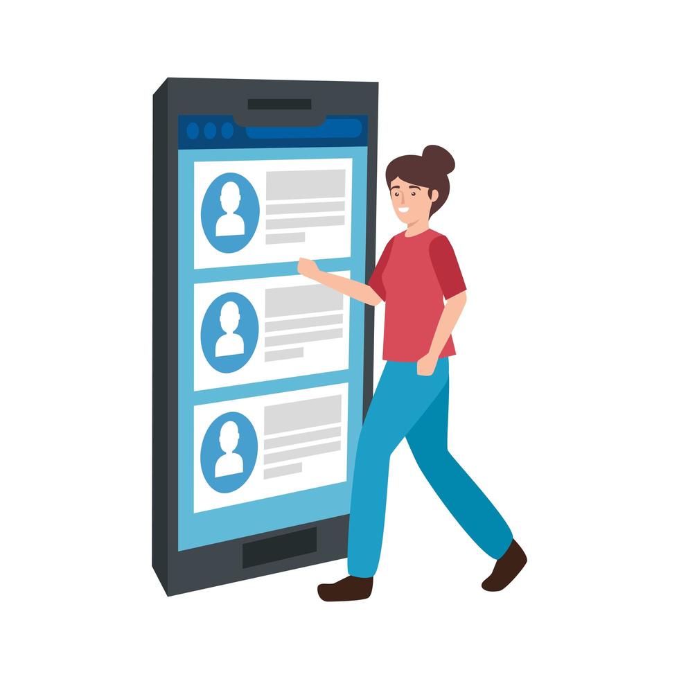 young woman and smartphone with chat vector