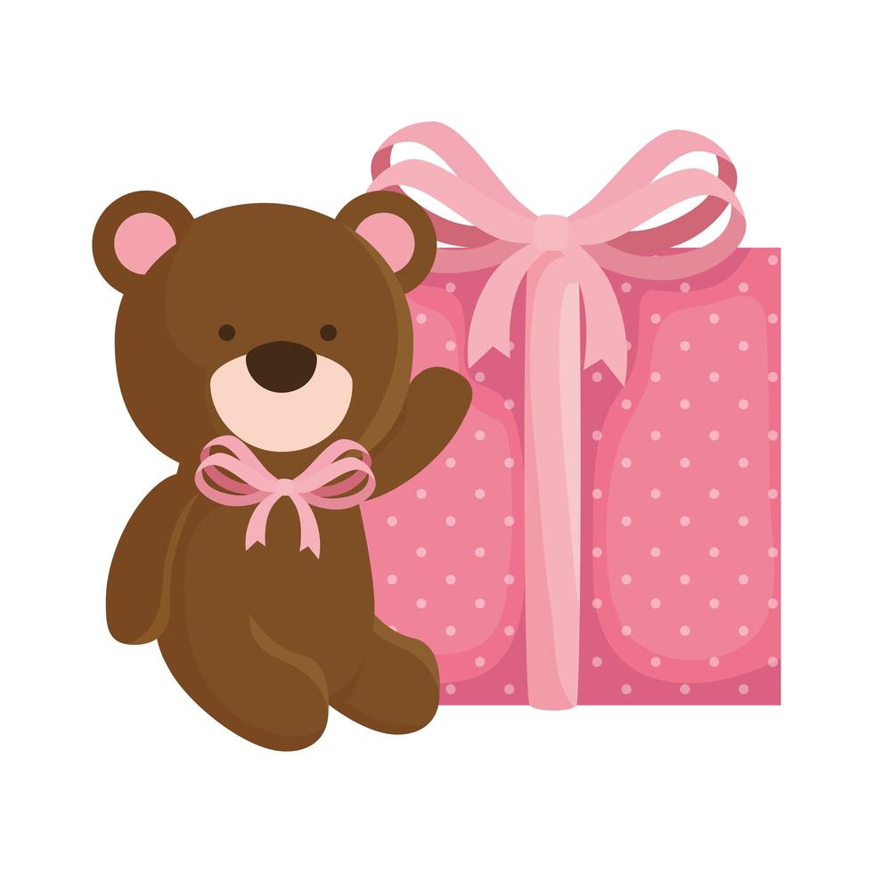 Lindo oso de peluche con icono aislado de caja de regalo vector