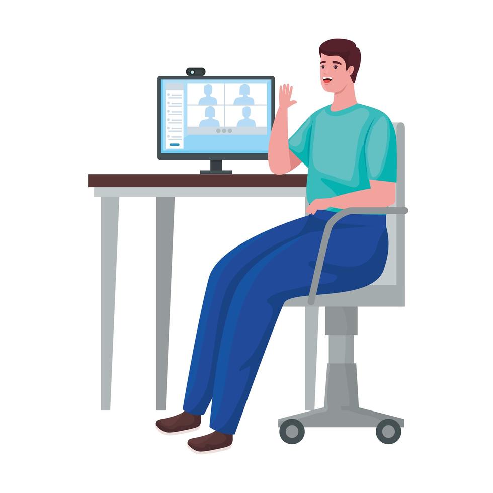man using computer desktop for meeting online vector