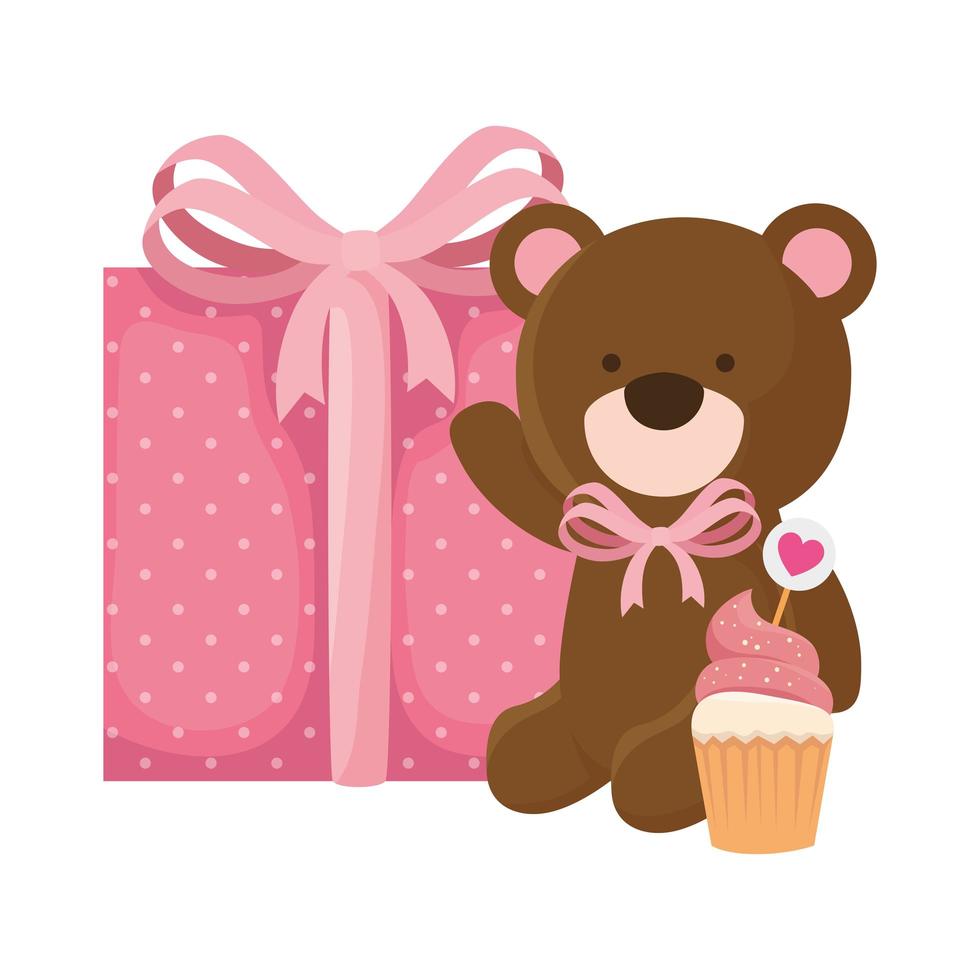 lindo osito de peluche con caja de regalo y cupcake vector