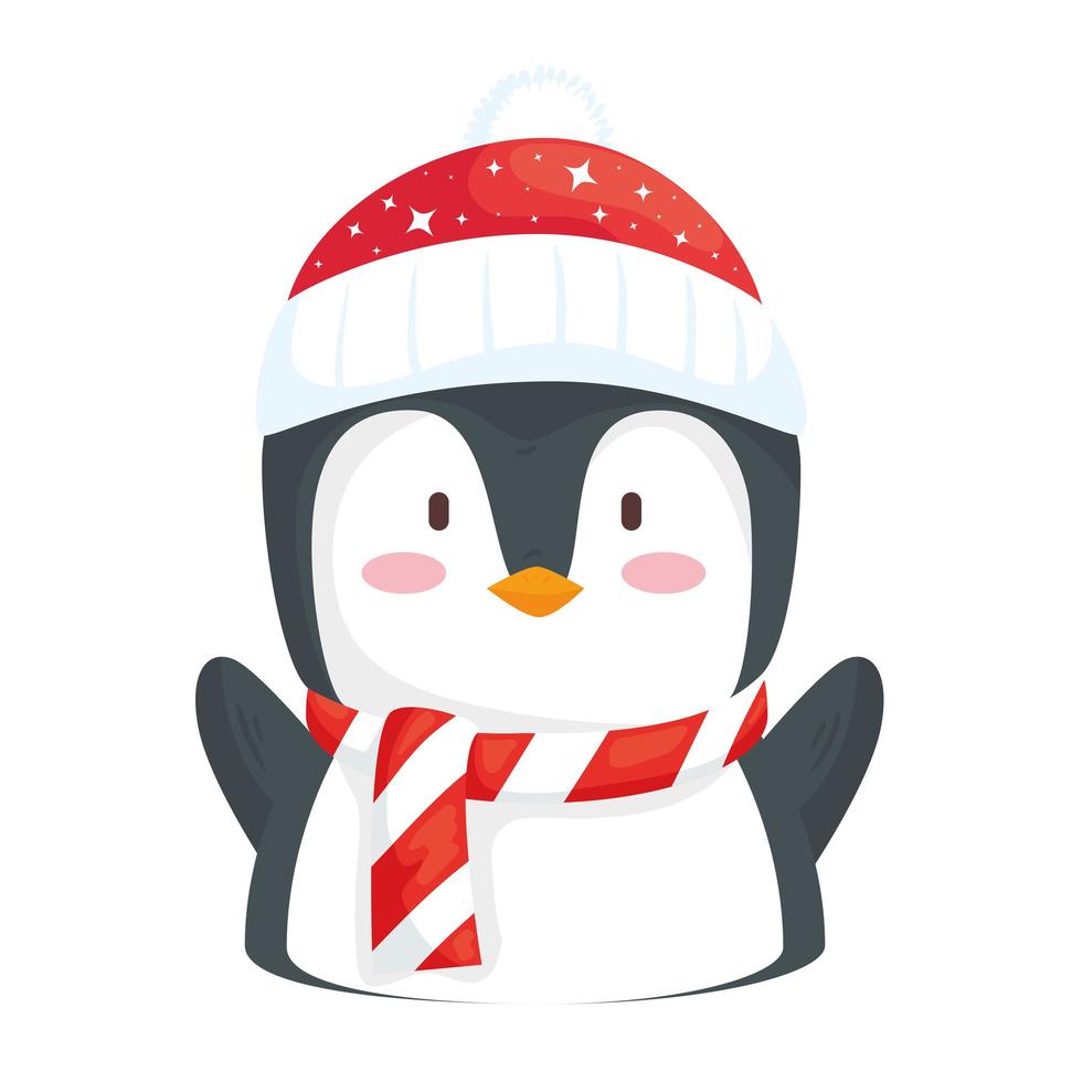 happy merry christmas penguin wearing santa hat character vector