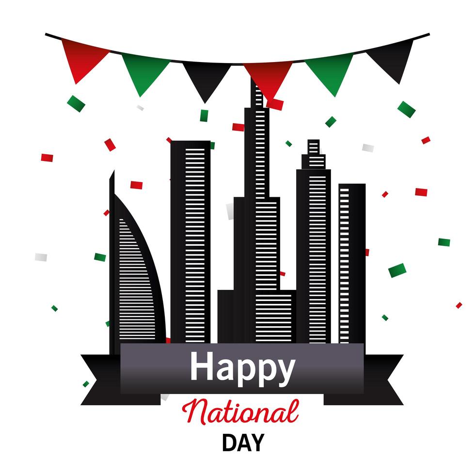 día nacional de los emiratos árabes unidos con edificios de la ciudad y diseño vectorial de banderines vector