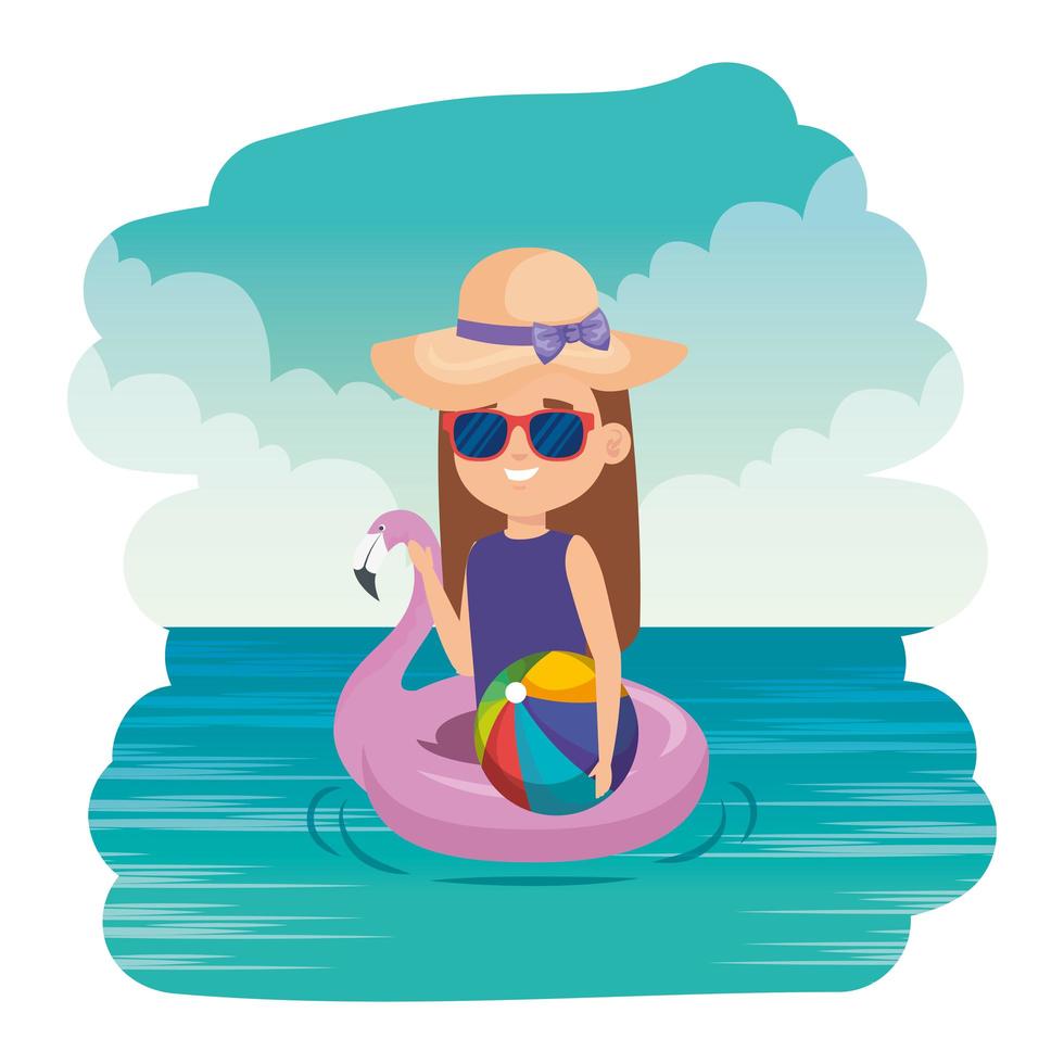 niña con flotador flamenco y globo de playa en el mar vector