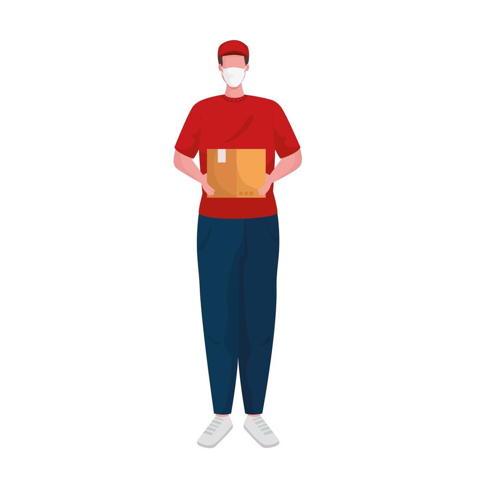 delivery worker wearing medical mask lifting box vector
