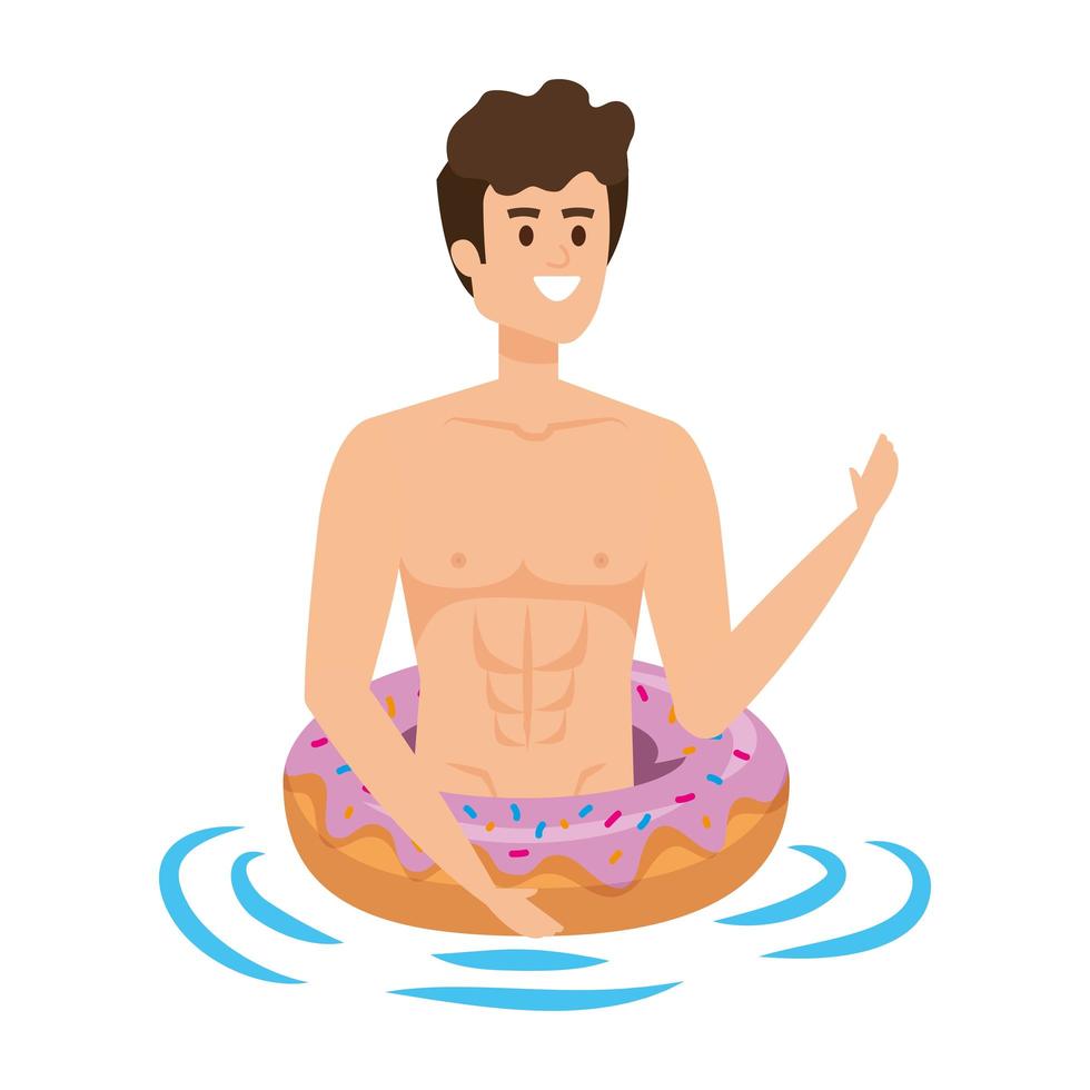 hombre joven con carácter de flotador donut vector