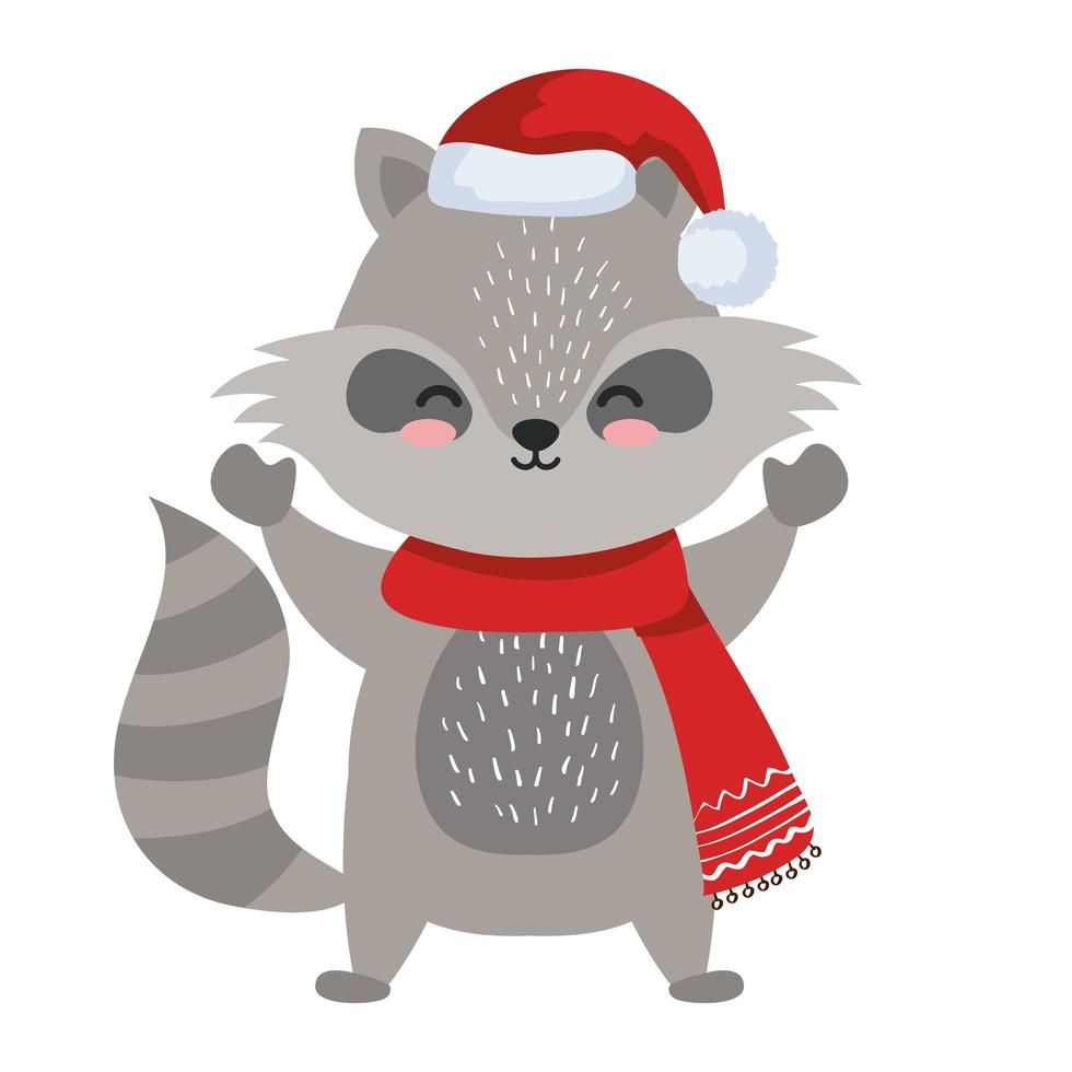 raccoon cartoon with merry christmas hat vector design