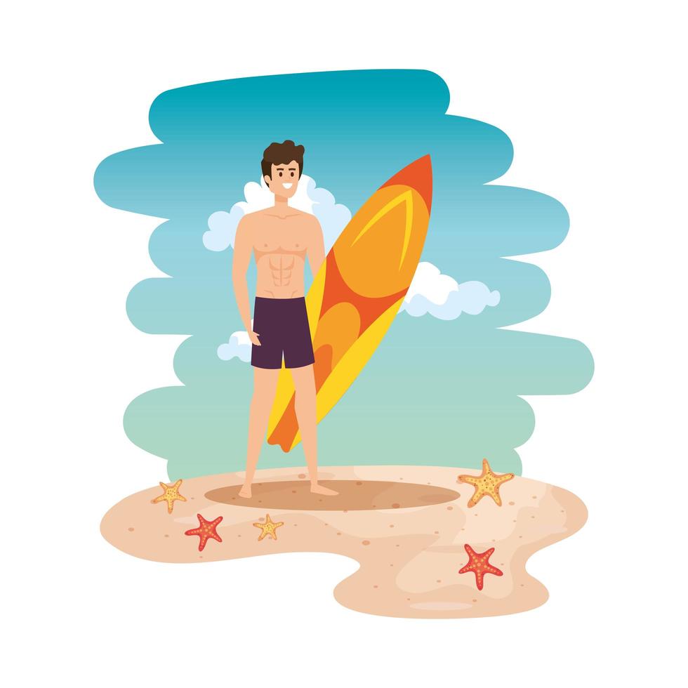 young man with swimsuit and surfboard on the beach vector
