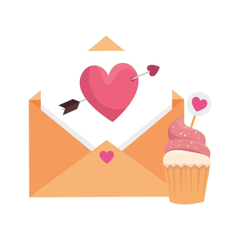 sobre con corazón y cupcake vector