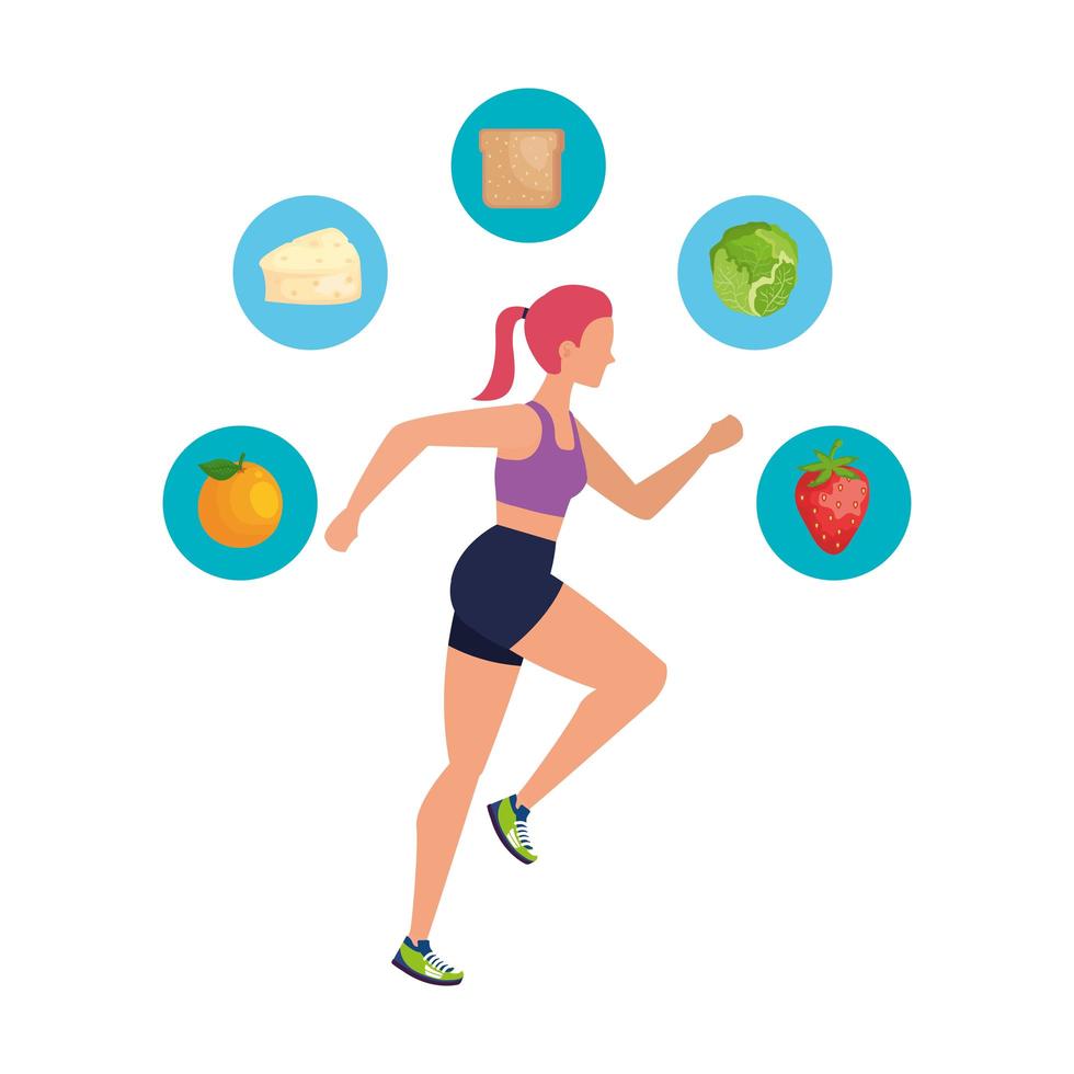 young athletic woman running with healthy icons vector