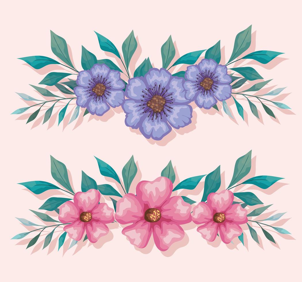 flores moradas y rosas con hojas pintura diseño vectorial vector