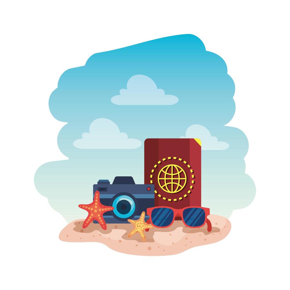 summer sunglasses and passport with camera vector