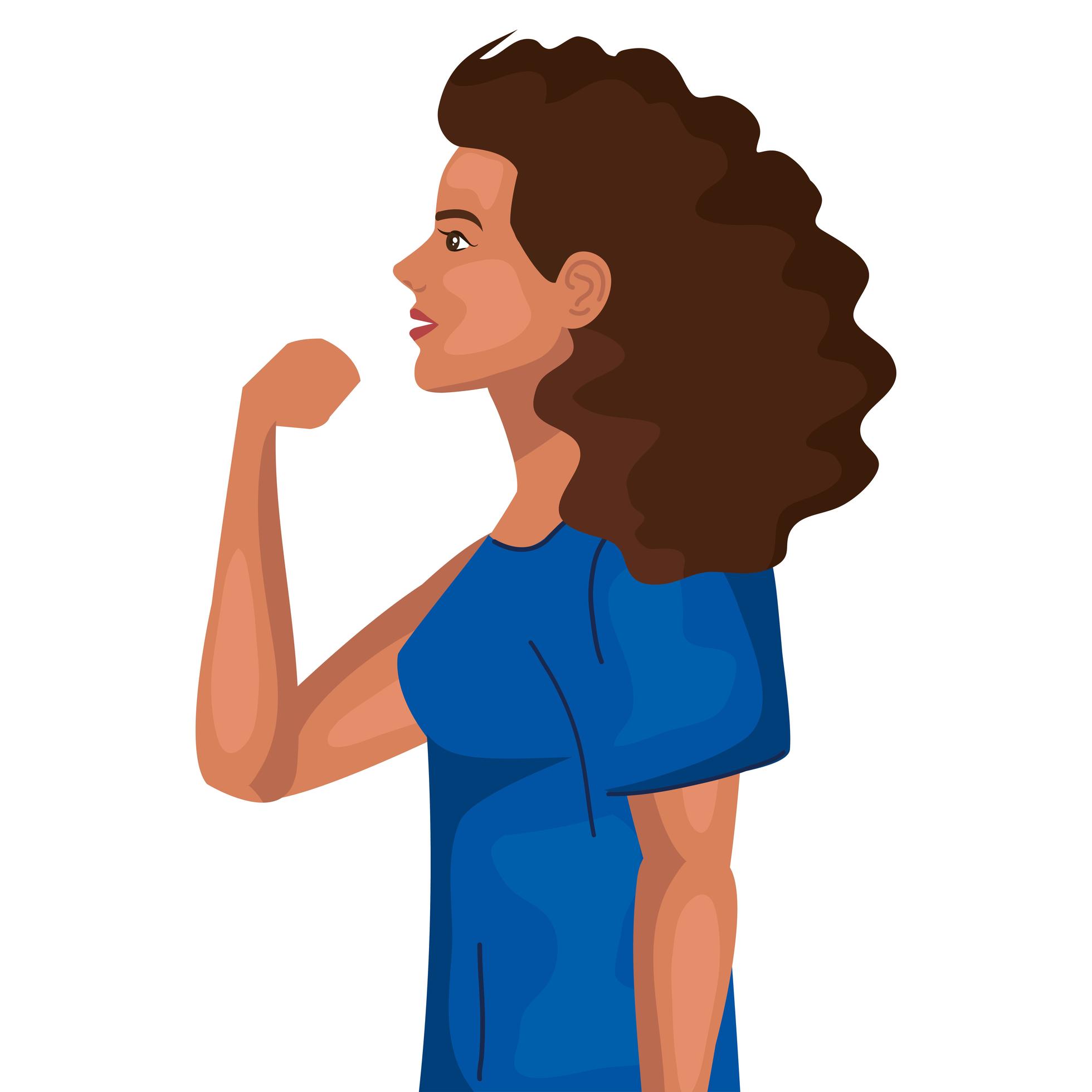 women empowerment with woman cartoon from side doing muscle sign vector