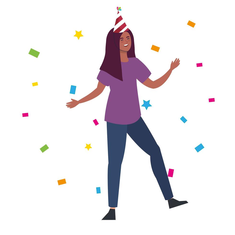 mujer negra bailando con gorro de fiesta y confeti diseño vectorial vector