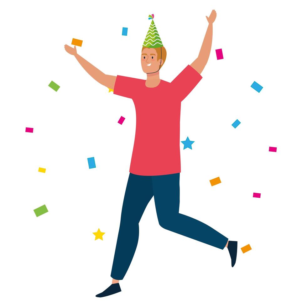 man dancing with party hat and confetti vector design