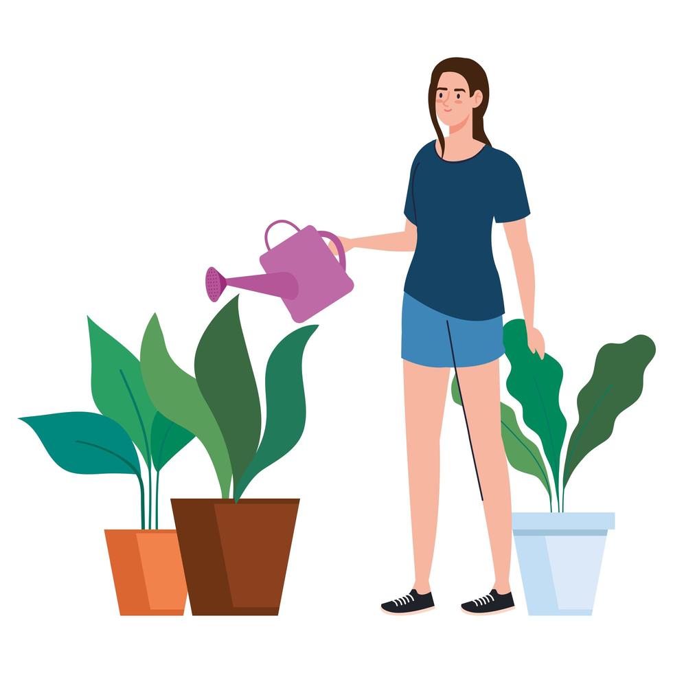 mujer regando plantas diseño vectorial vector