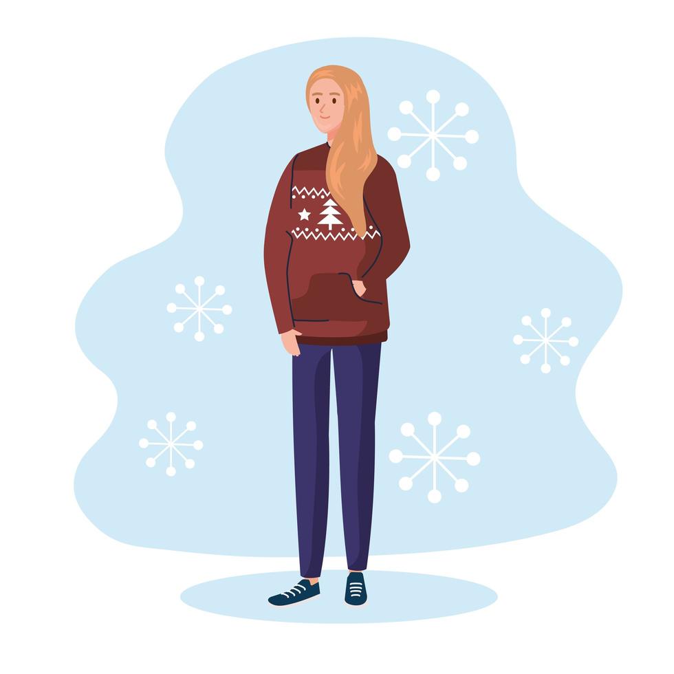 mujer con diseño de vector de suéter marrón feliz navidad