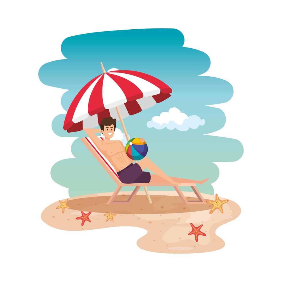 Joven relajándose en una silla de playa con globos de juguete en la playa vector