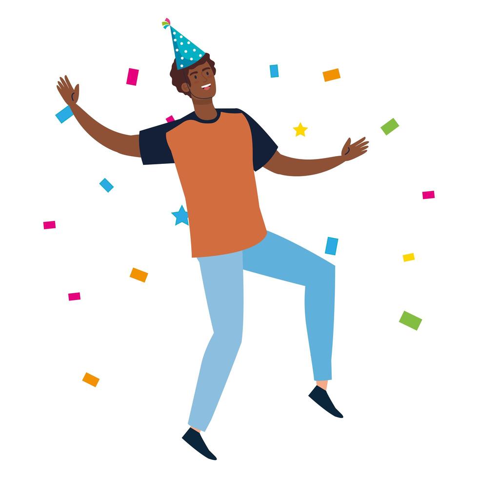 Hombre negro bailando con gorro de fiesta y diseño vectorial de confeti vector