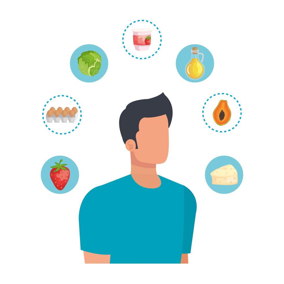 young man with healthy food icons vector