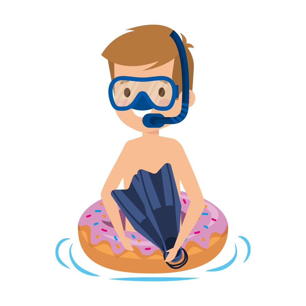 cute little boy with donut float and snorkel vector