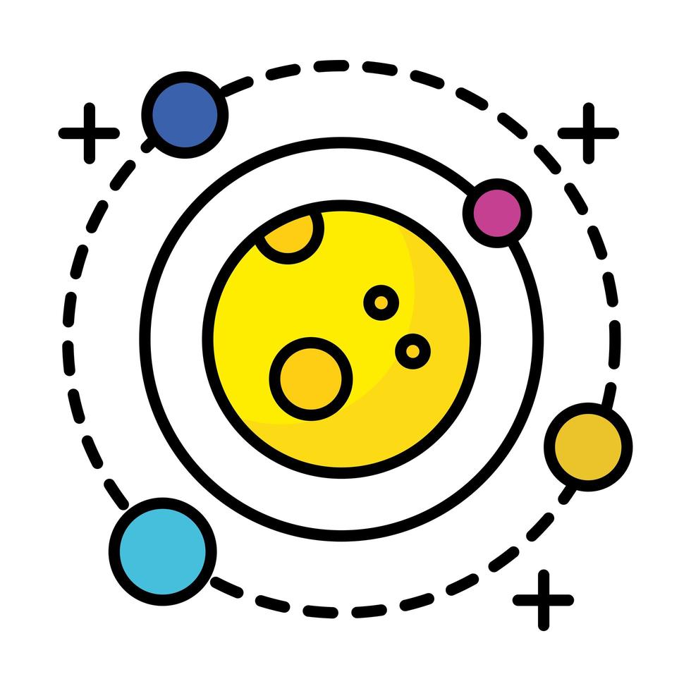 planet with four satellites orbiting around line and fill style icon vector