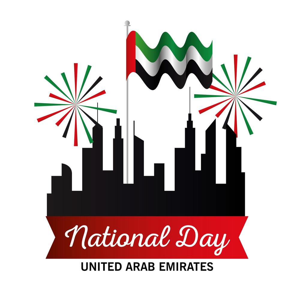 día nacional de los emiratos árabes unidos con fuegos artificiales de edificios de la ciudad y diseño de vectores de bandera