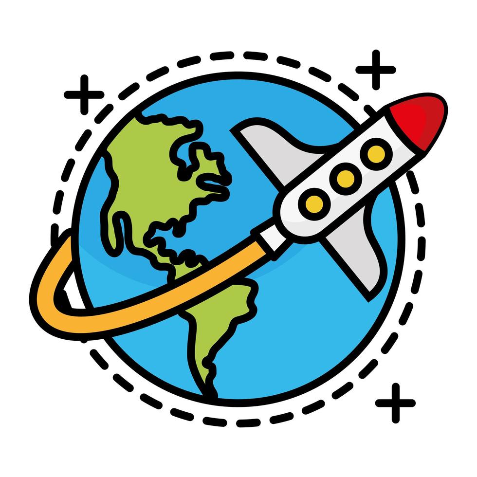 world planet with rocket flying line and fill style icon vector
