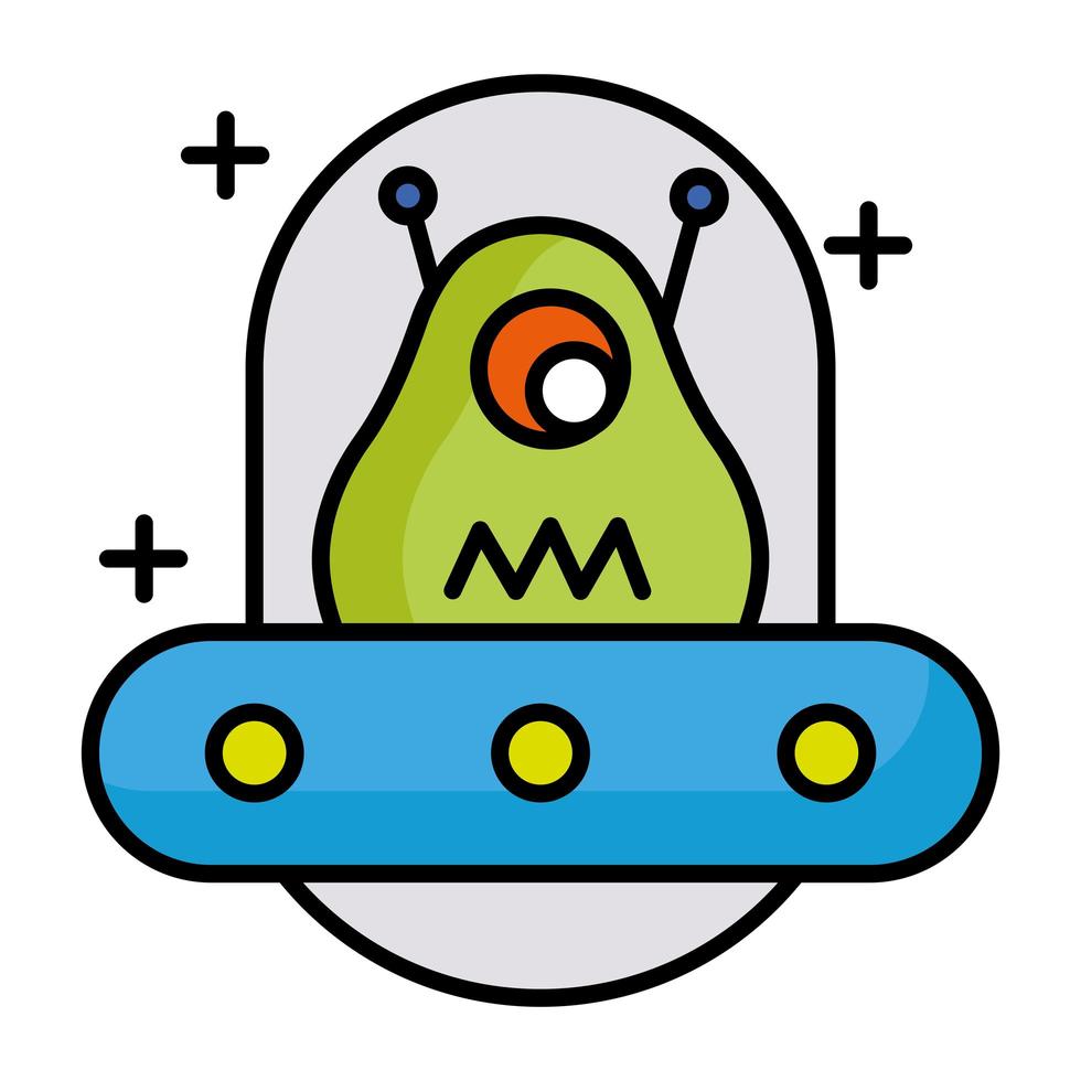 alien character in ufo line and fill style icon vector