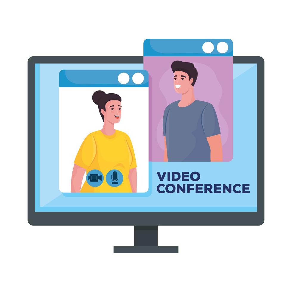 couple in desktop for meeting online in display vector