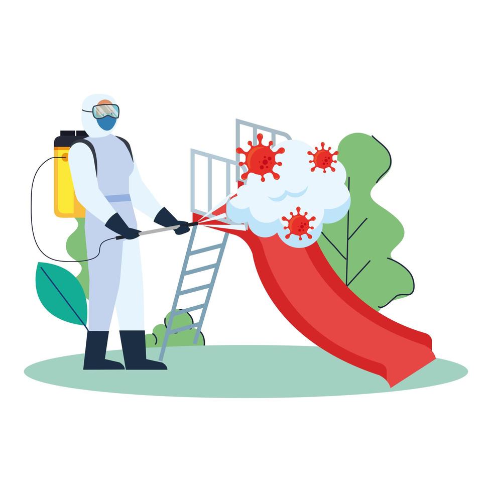 Man with protective suit spraying park slider with covid 19 virus vector design