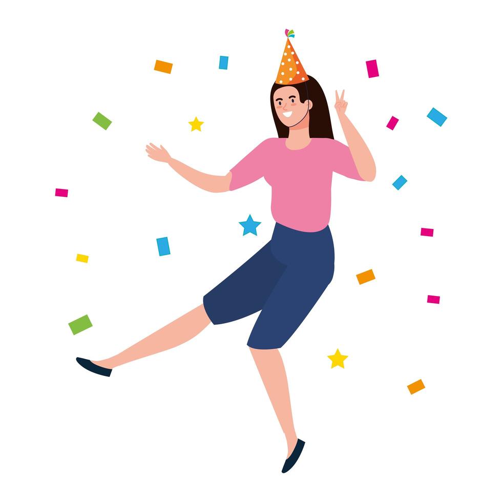 woman dancing with party hat and confetti vector design