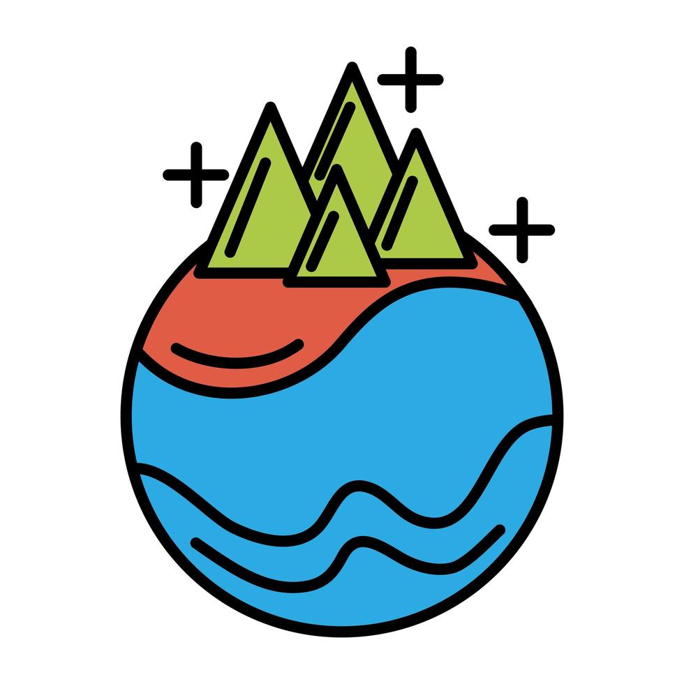 planet with mountains line and fill style icon vector