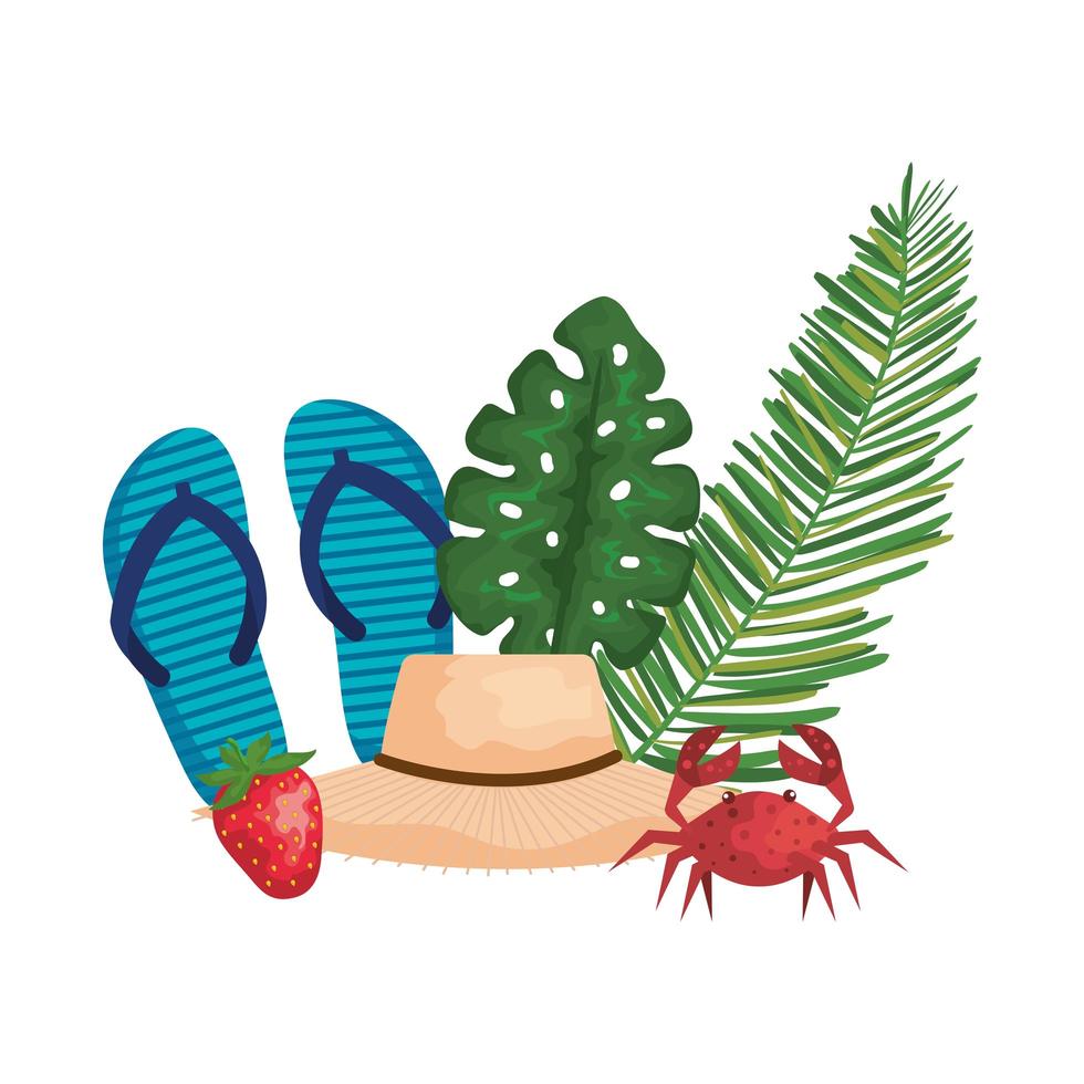 summer hat straw with palms and flip flops vector