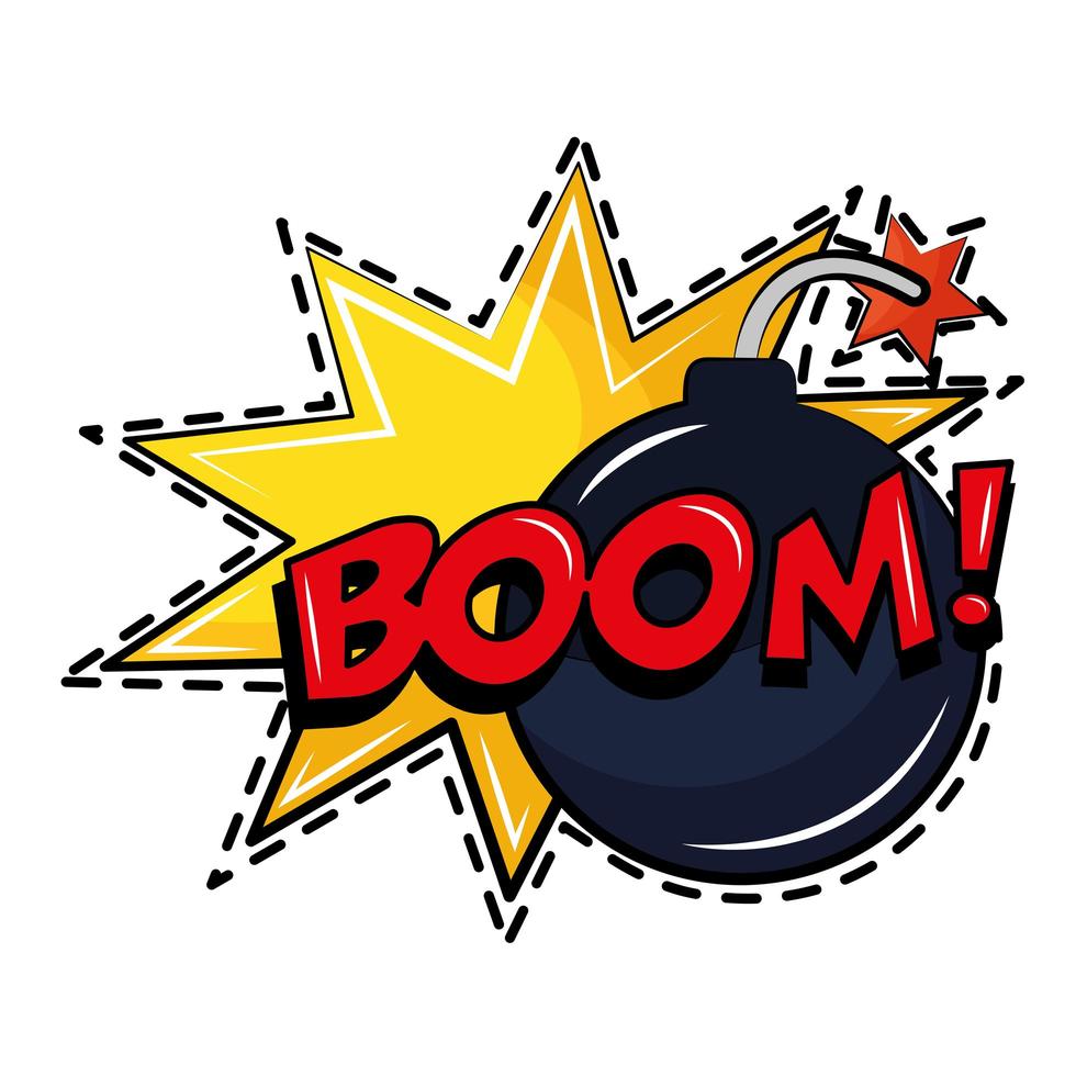 boom explosivo y palabra icono de etiqueta de arte pop vector