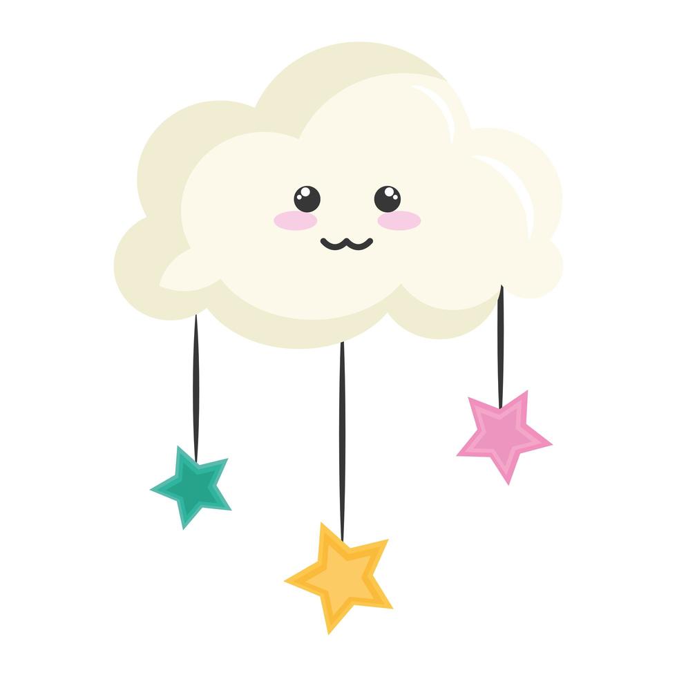 nube con estrellas colgando personaje kawaii vector