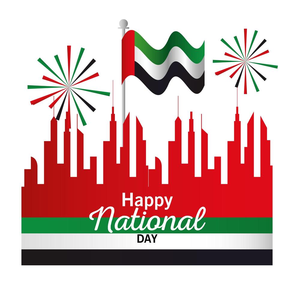 día nacional de los emiratos árabes unidos con fuegos artificiales de edificios de la ciudad y diseño de vectores de bandera