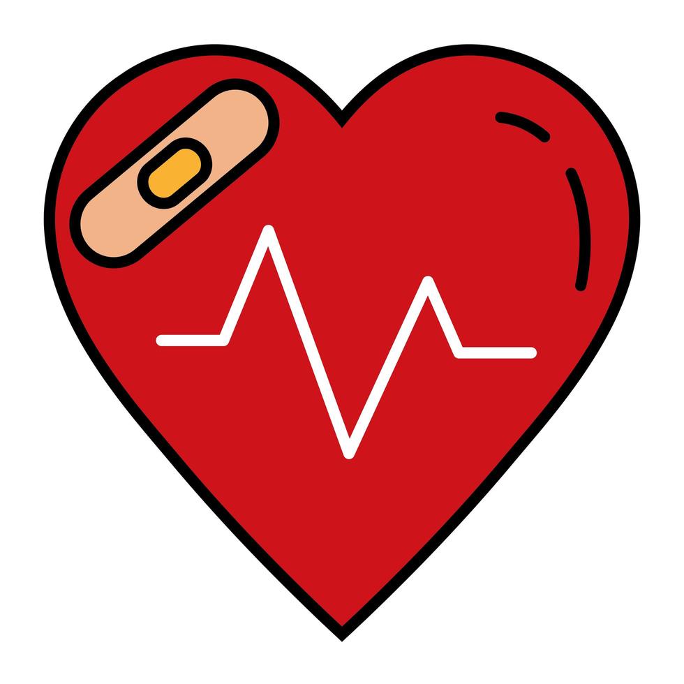 Cardiología cardíaca con línea de vendaje de cura e ícono de estilo de relleno vector