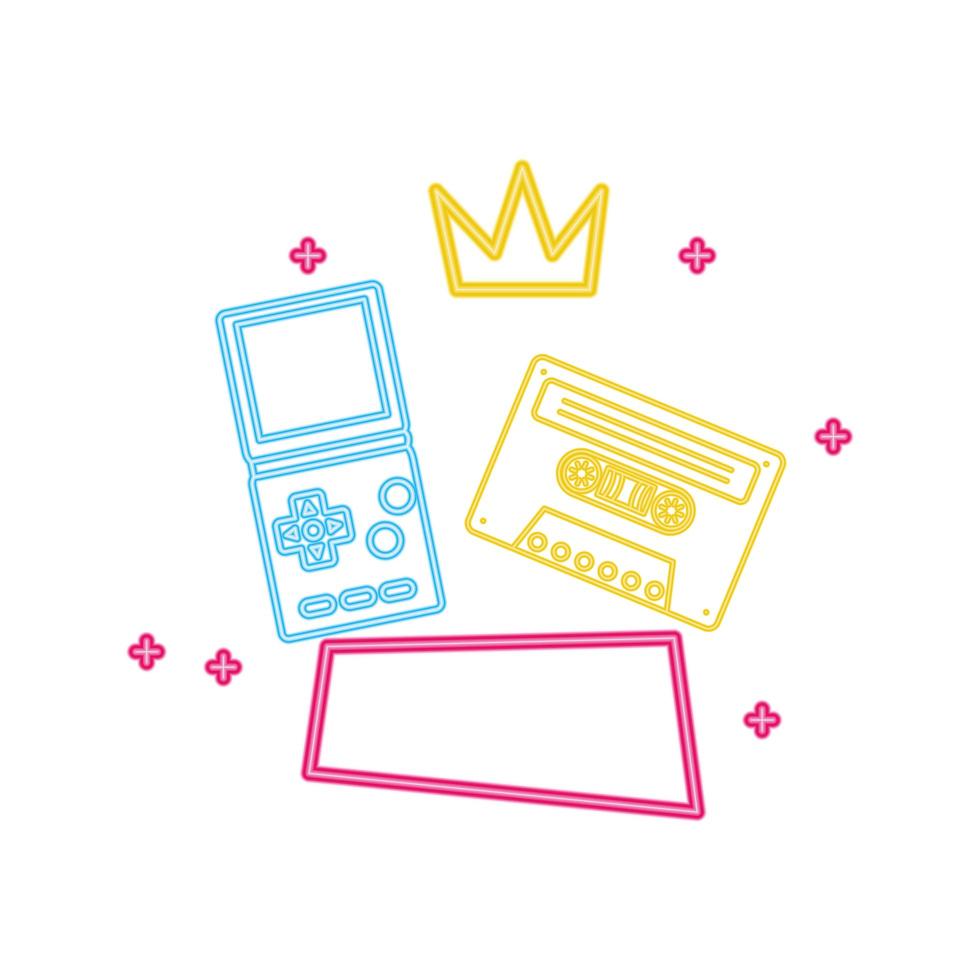 video game handle with cassette nineties style neon light vector