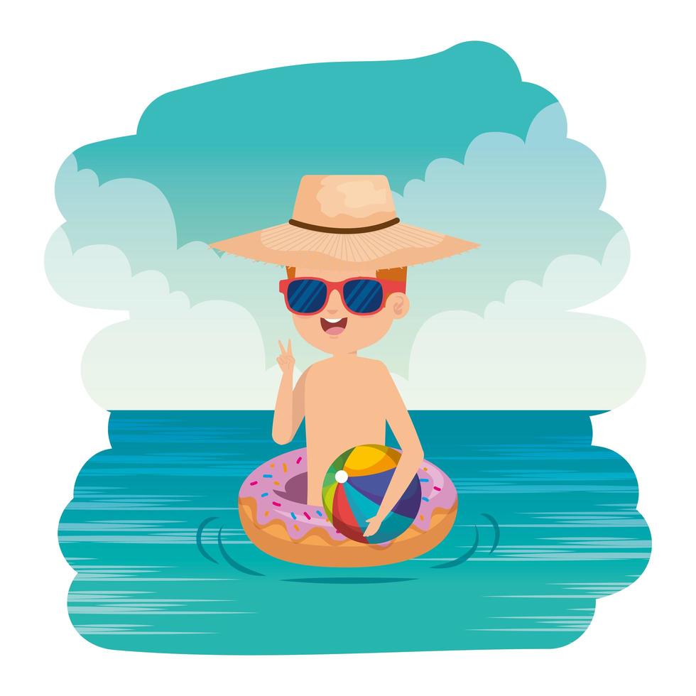 cute little boy with donut float and beach balloon on the sea vector