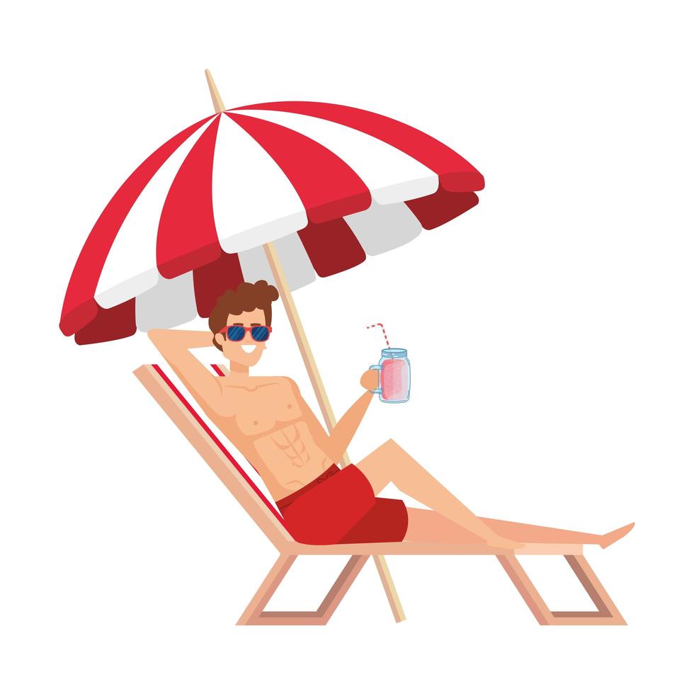 young man relaxing in beach chair drinking juice fruit vector